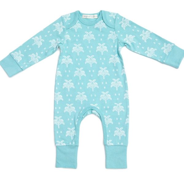 Organic Cotton Baby Sleepsuit - Aquatic Blue Palms and Pineapples For Sale